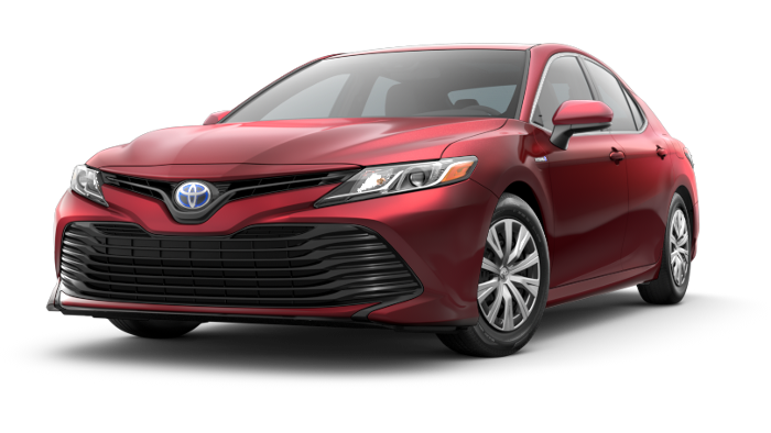 A red 2020 Toyota Camry Hybrid LE