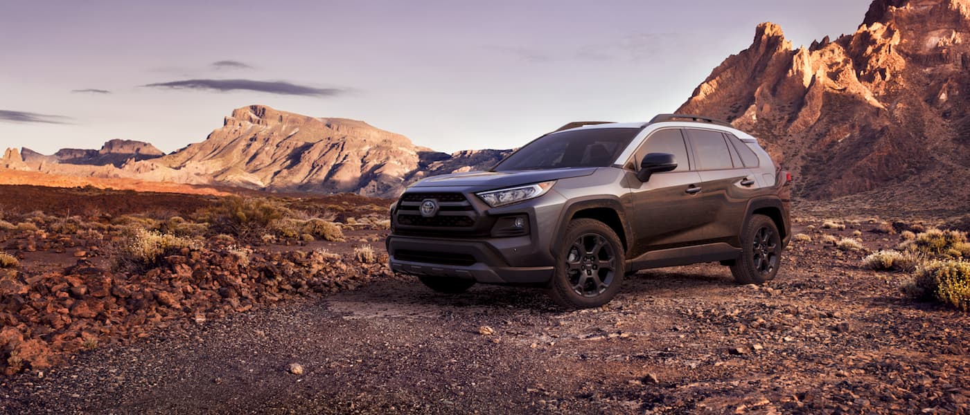 A black 2020 Toyota RAV4 TRD Off-Road parked on an off road trail